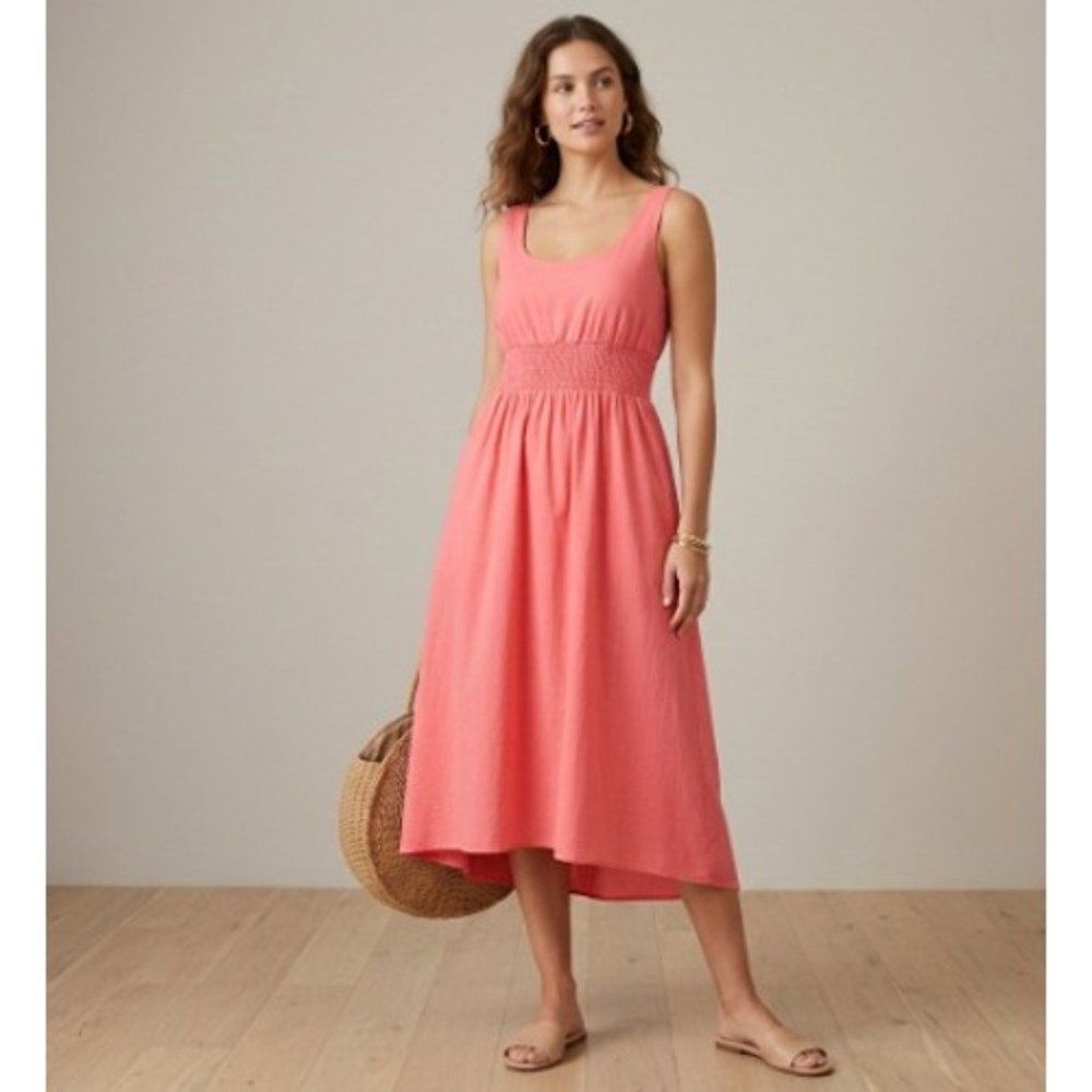 Pomander Place Tuckernuck Coral Pink Cotton Smocked Waist Babydoll Dress L